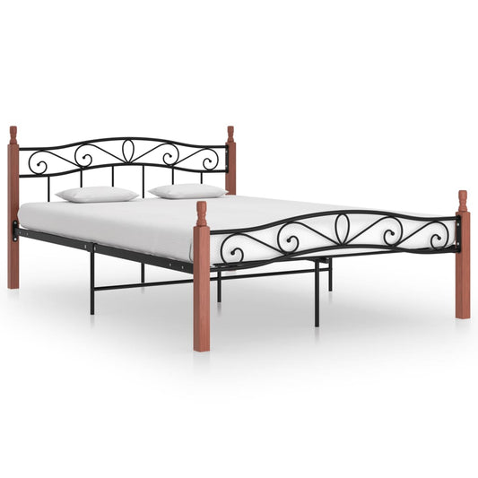 vidaXL Bed Frame Black Metal and Solid Oak Wood 140x200 cm