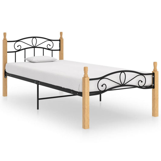vidaXL Bed Frame Black Metal and Solid Oak Wood 90x200 cm