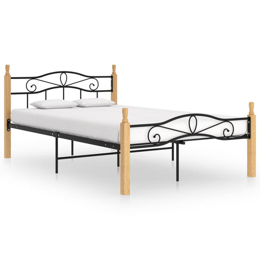 vidaXL Bed Frame Black Metal and Solid Oak Wood 120x200 cm