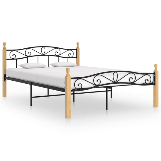 vidaXL Bed Frame Black Metal and Solid Oak Wood 160x200 cm
