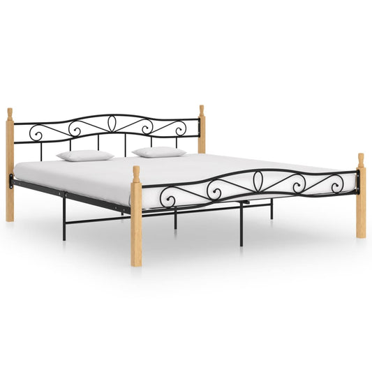 vidaXL Bed Frame Black Metal and Solid Oak Wood 200x200 cm