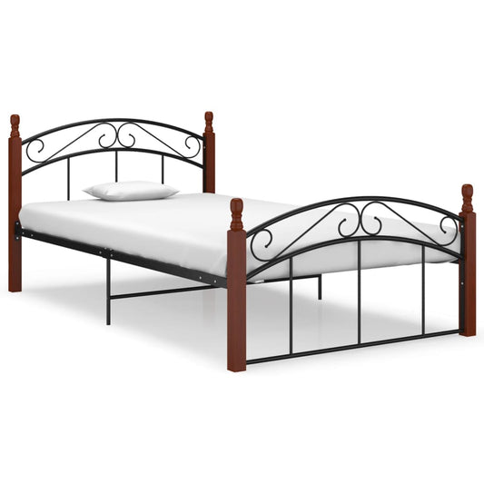 vidaXL Bed Frame Black Metal and Solid Oak Wood 120x200 cm