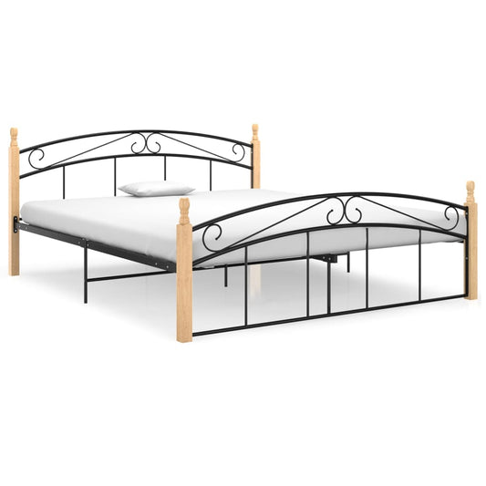 vidaXL Bed Frame Black Metal and Solid Oak Wood 160x200 cm