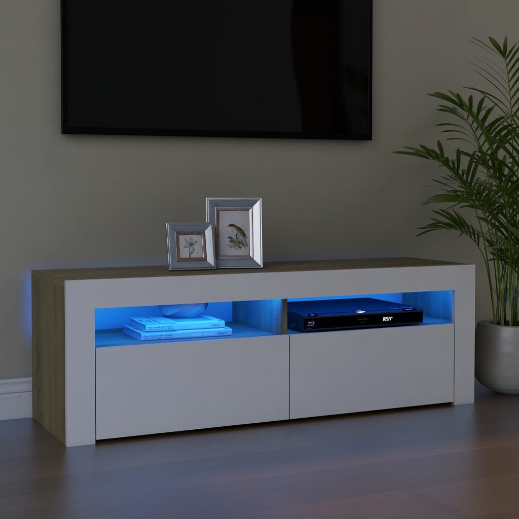 vidaXL TV Cabinet with LED Lights White and Sonoma Oak 120x35x40 cm