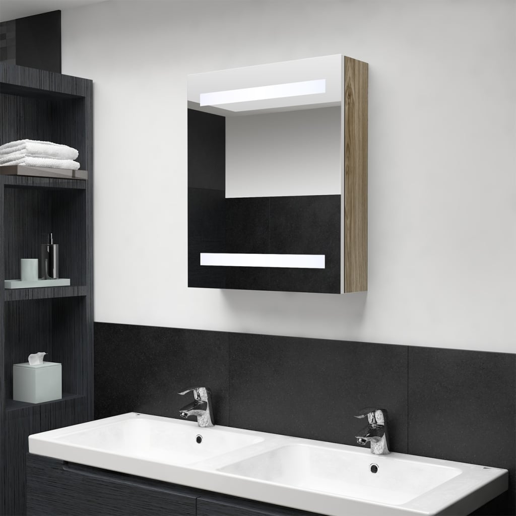 vidaXL LED Bathroom Mirror Cabinet White and Oak 50x14x60 cm