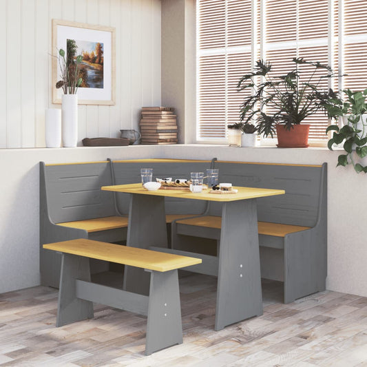 vidaXL Dining Table with Bench Honey Brown and Grey Solid Pinewood
