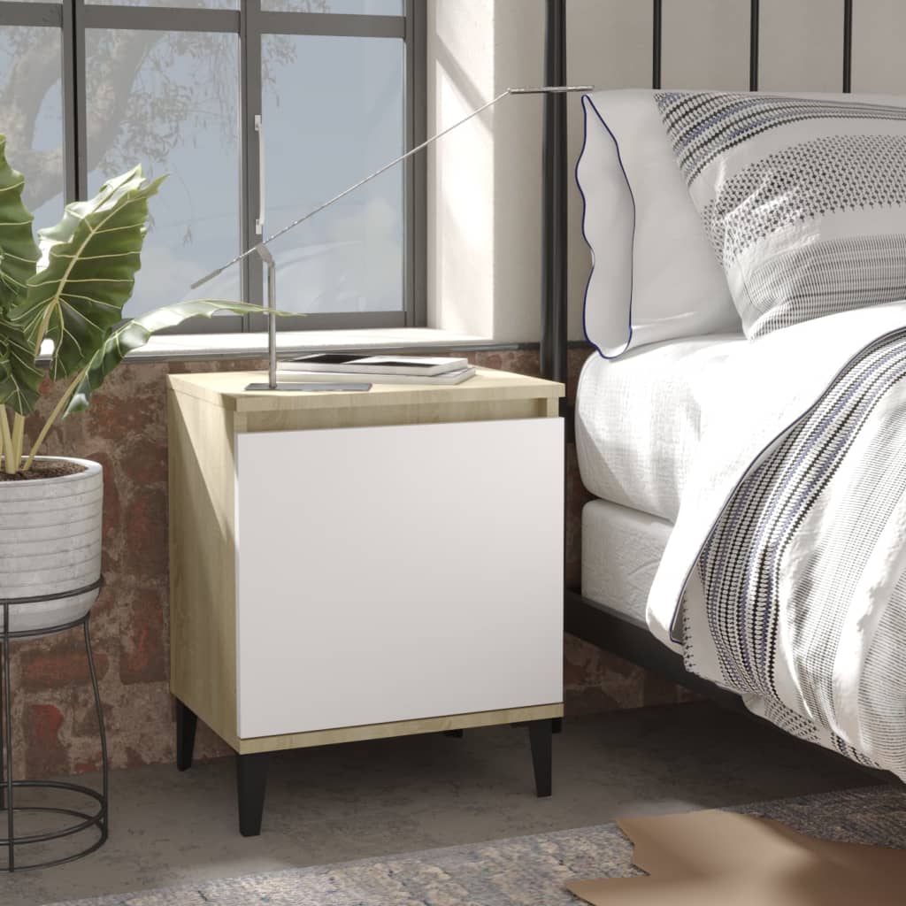 vidaXL Bed Cabinet with Metal Legs Sonoma Oak and White 40x30x50 cm