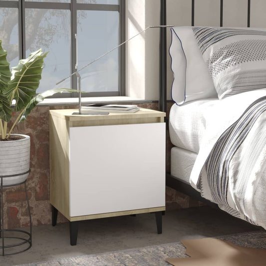 vidaXL Bed Cabinet with Metal Legs Sonoma Oak and White 40x30x50 cm