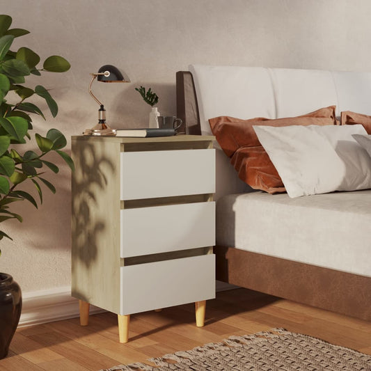 vidaXL Bed Cabinet & Solid Wood Legs White and Sonoma Oak 40x35x69 cm