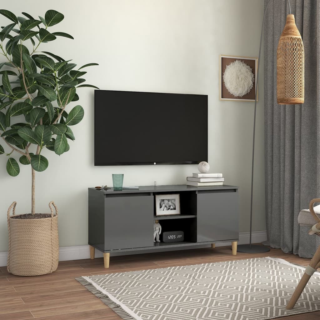 vidaXL TV Cabinet & Solid Wood Legs High Gloss Grey 103.5x35x50 cm