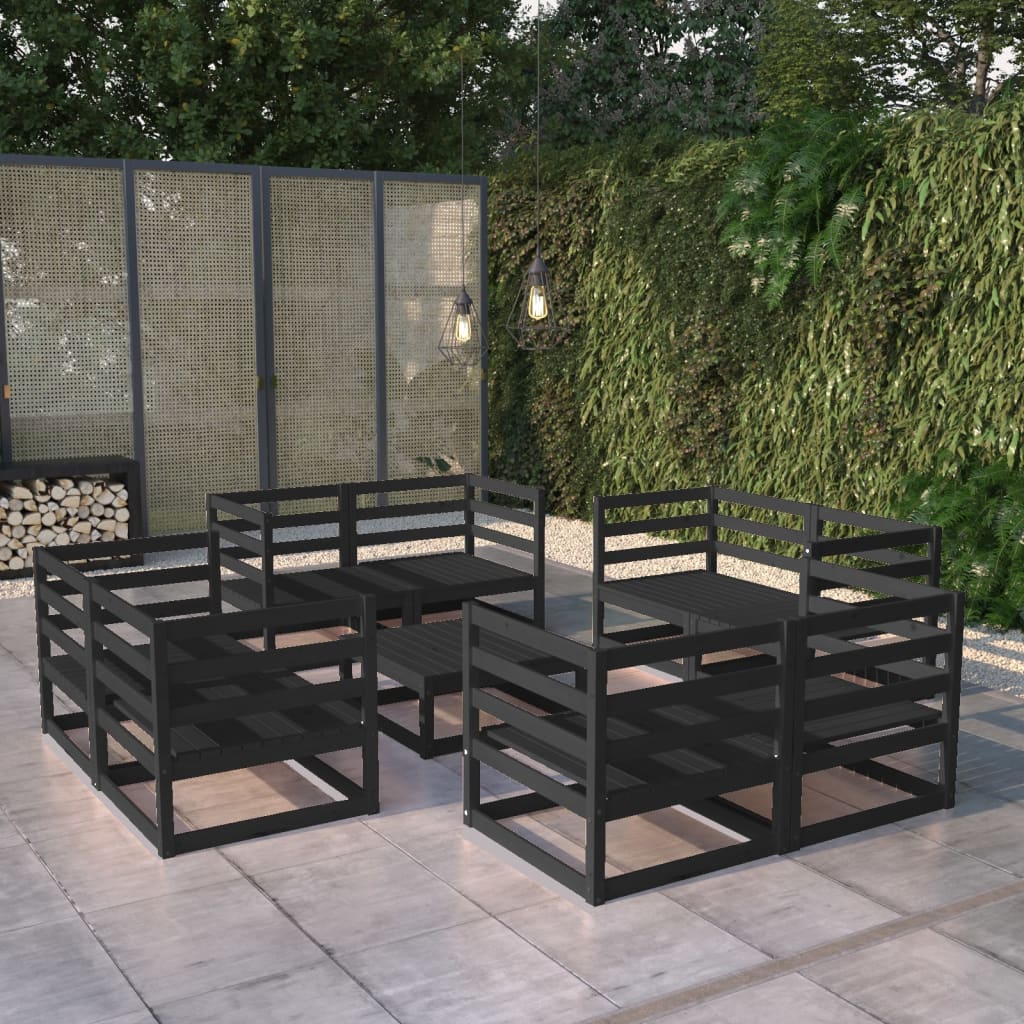 vidaXL 9 Piece Garden Lounge Set Black Solid Pinewood