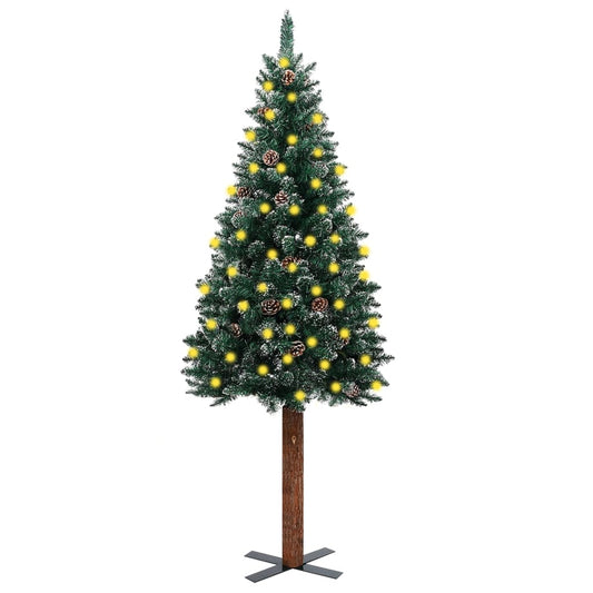 vidaXL Slim Pre-lit Christmas Tree with Real Wood&White Snow Green 150cm