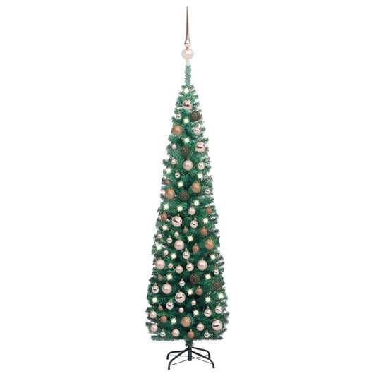vidaXL Slim Artificial Pre-lit Christmas Tree with Ball Set Green 210 cm
