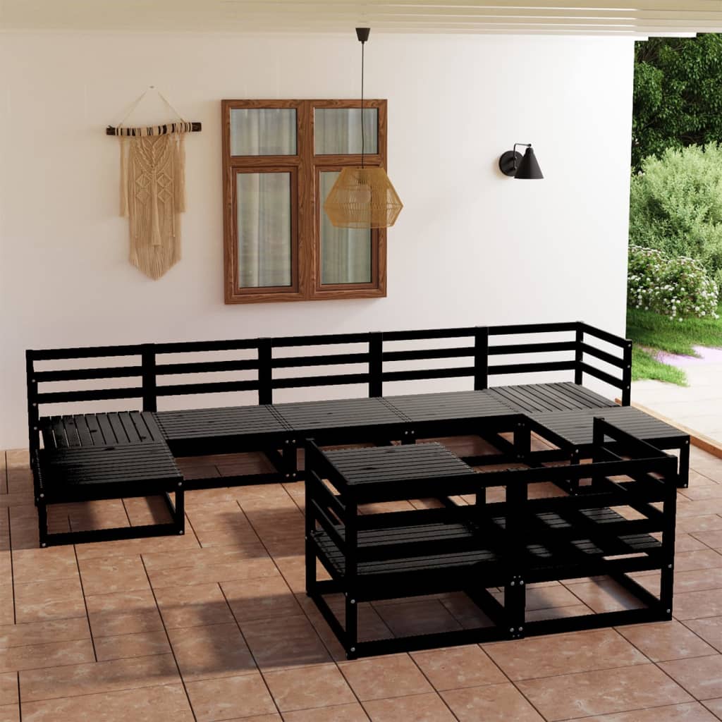 vidaXL 10 Piece Garden Lounge Set Black Solid Pinewood