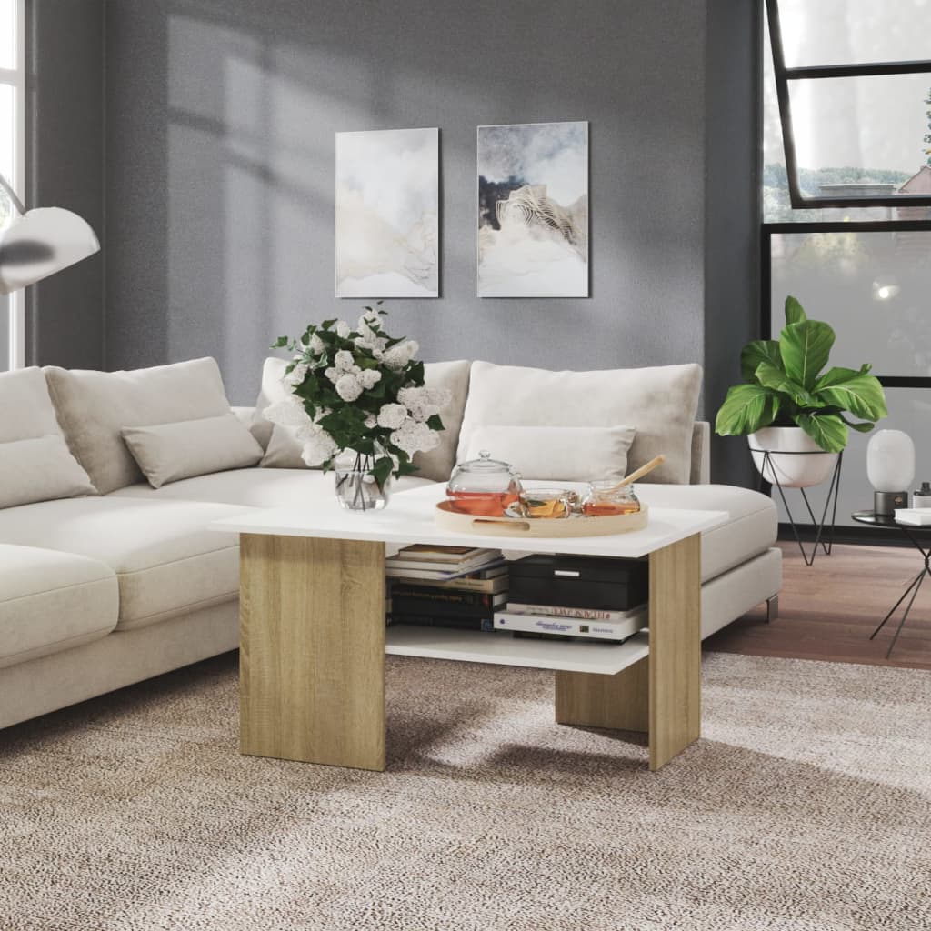 vidaXL Coffee Table White and Sonoma Oak 90x60x46.5 cm Engineered Wood