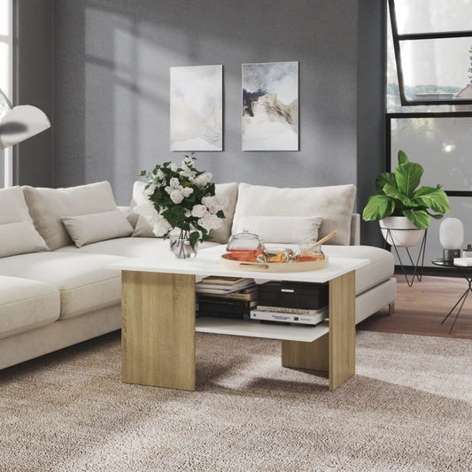 vidaXL Coffee Table White and Sonoma Oak 90x60x46.5 cm Engineered Wood