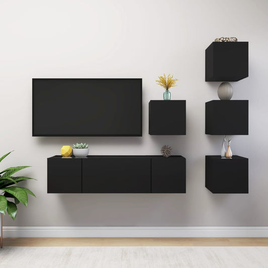 vidaXL 6 Piece TV Cabinet Set Black Engineered Wood