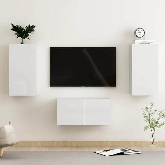 vidaXL 3 Piece TV Cabinet Set High Gloss White Engineered Wood