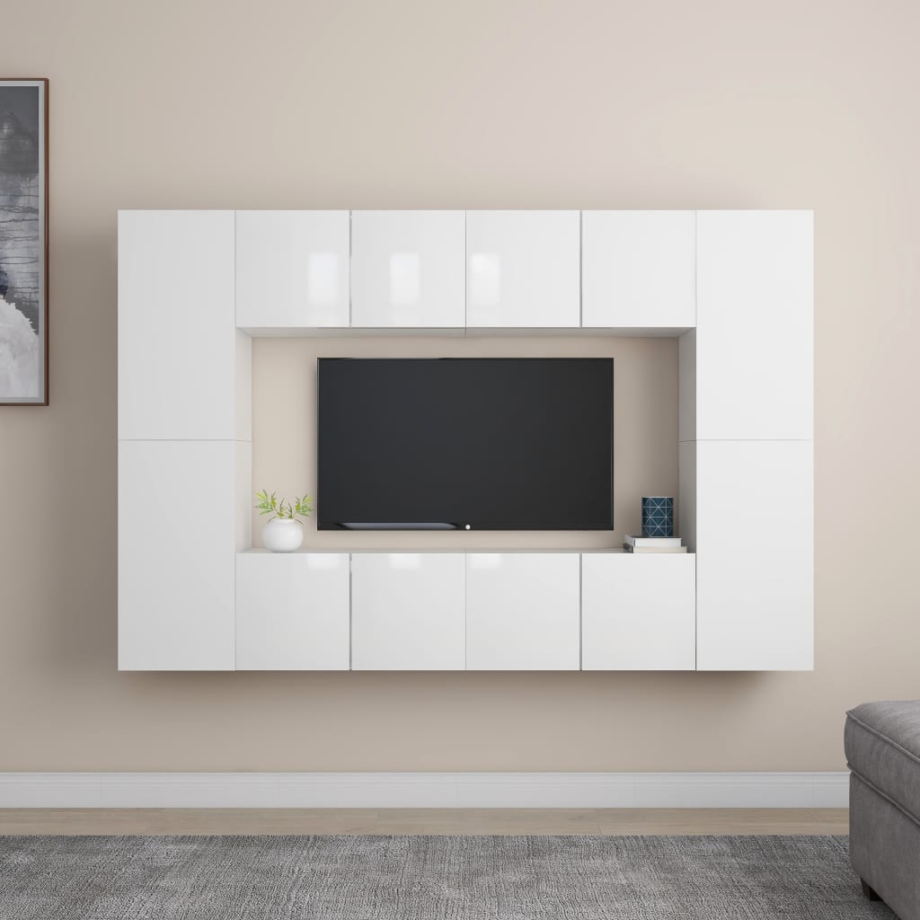 vidaXL 8 Piece TV Cabinet Set High Gloss White Engineered Wood