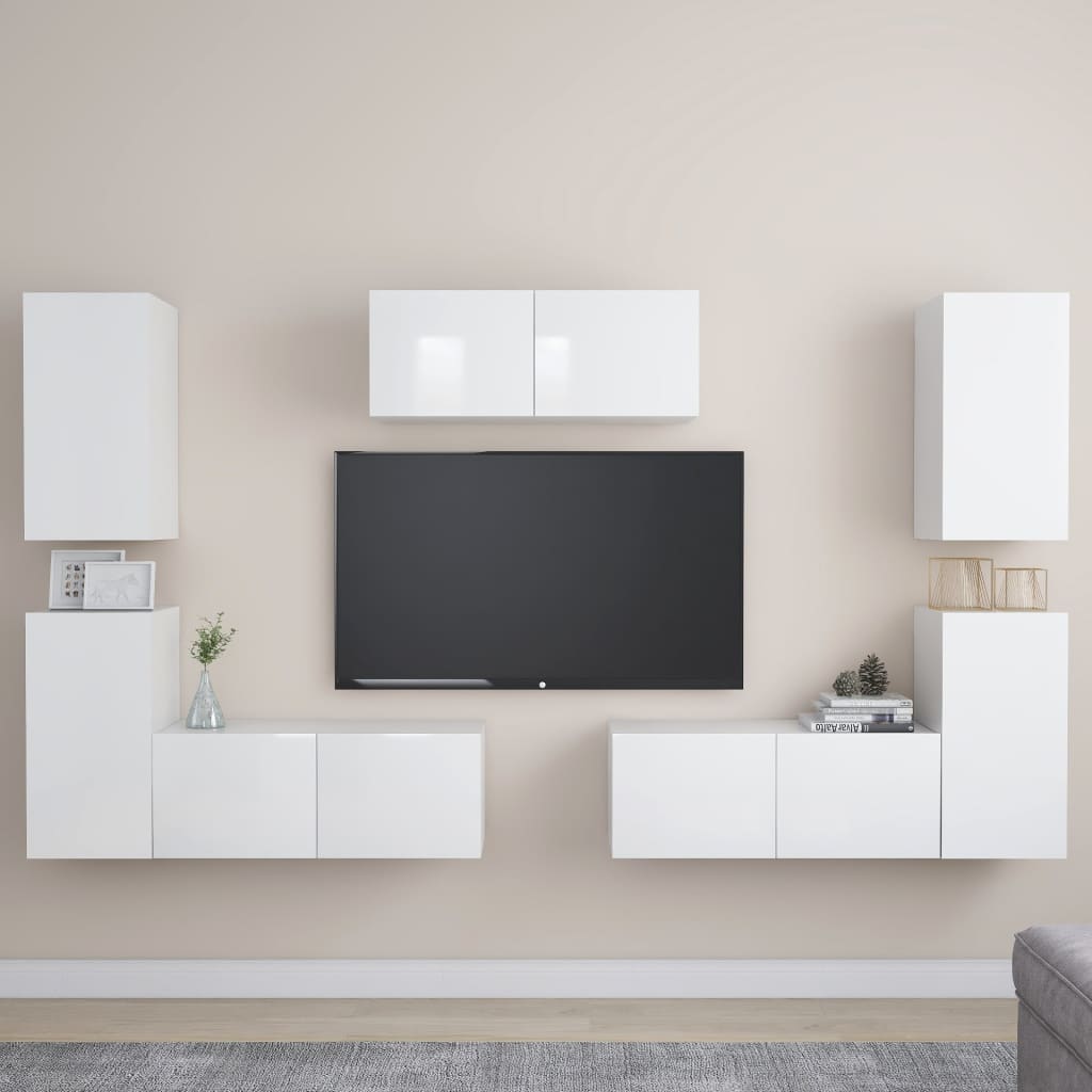 vidaXL 7 Piece TV Cabinet Set High Gloss White Engineered Wood