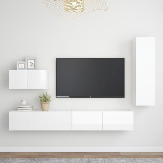 vidaXL 4 Piece TV Cabinet Set High Gloss White Engineered Wood