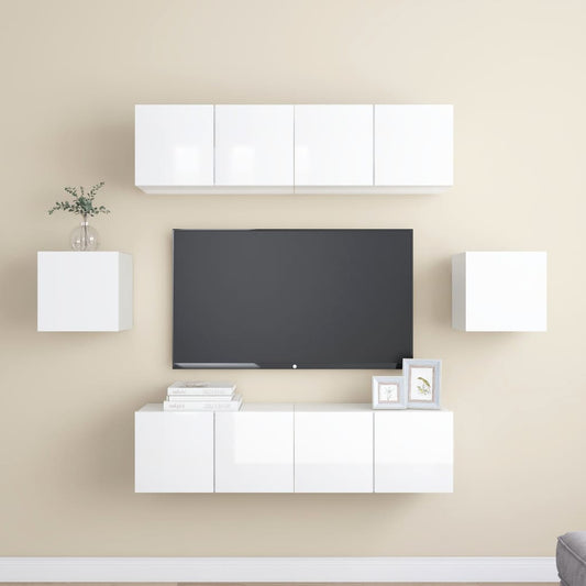 vidaXL 6 Piece TV Cabinet Set High Gloss White Engineered Wood
