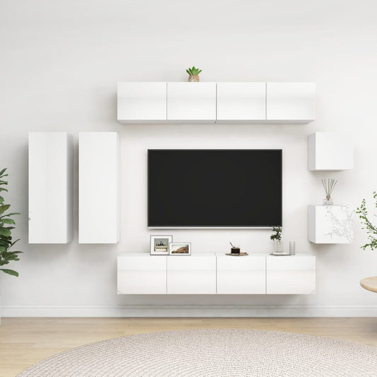 vidaXL 8 Piece TV Cabinet Set High Gloss White Engineered Wood