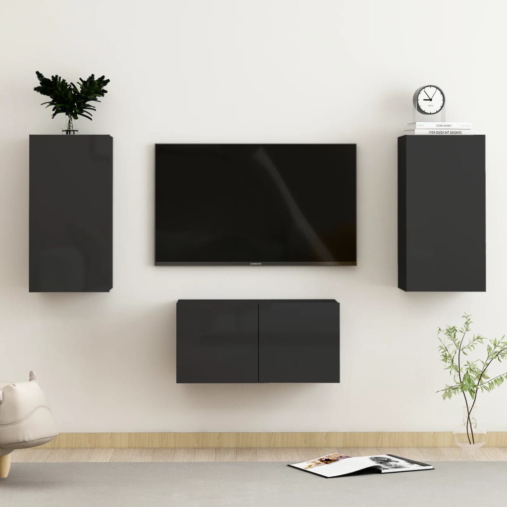 vidaXL 3 Piece TV Cabinet Set High Gloss Black Engineered Wood