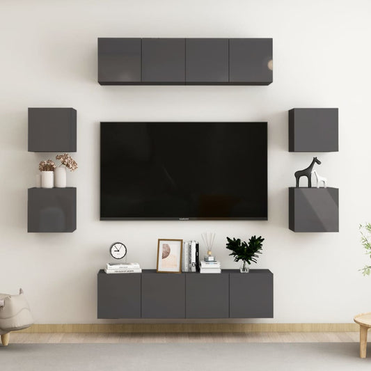 vidaXL 8 Piece TV Cabinet Set High Gloss Grey Engineered Wood