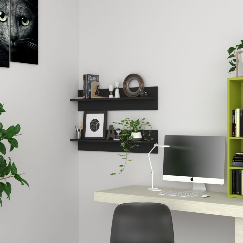 vidaXL Wall Shelf 2 pcs Black 80x11.5x18 cm Engineered Wood