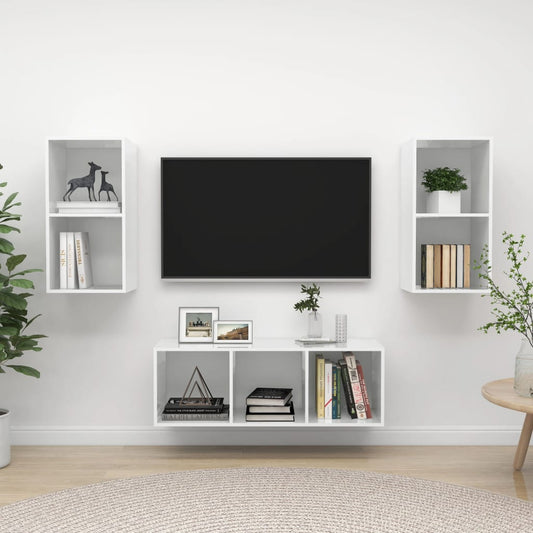 vidaXL 3 Piece TV Cabinet Set High Gloss White Engineered Wood
