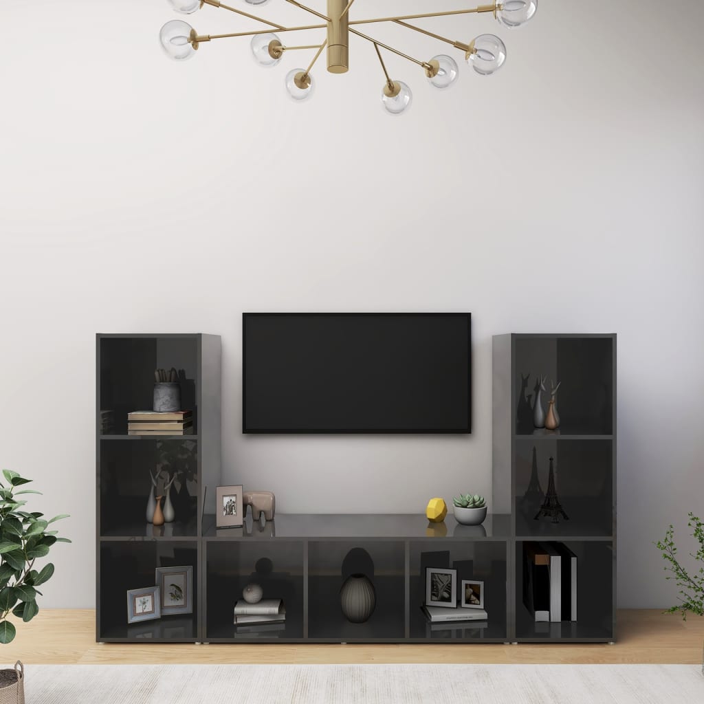 vidaXL TV Cabinets 3 pcs High Gloss Grey 107x35x37 cm Engineered Wood