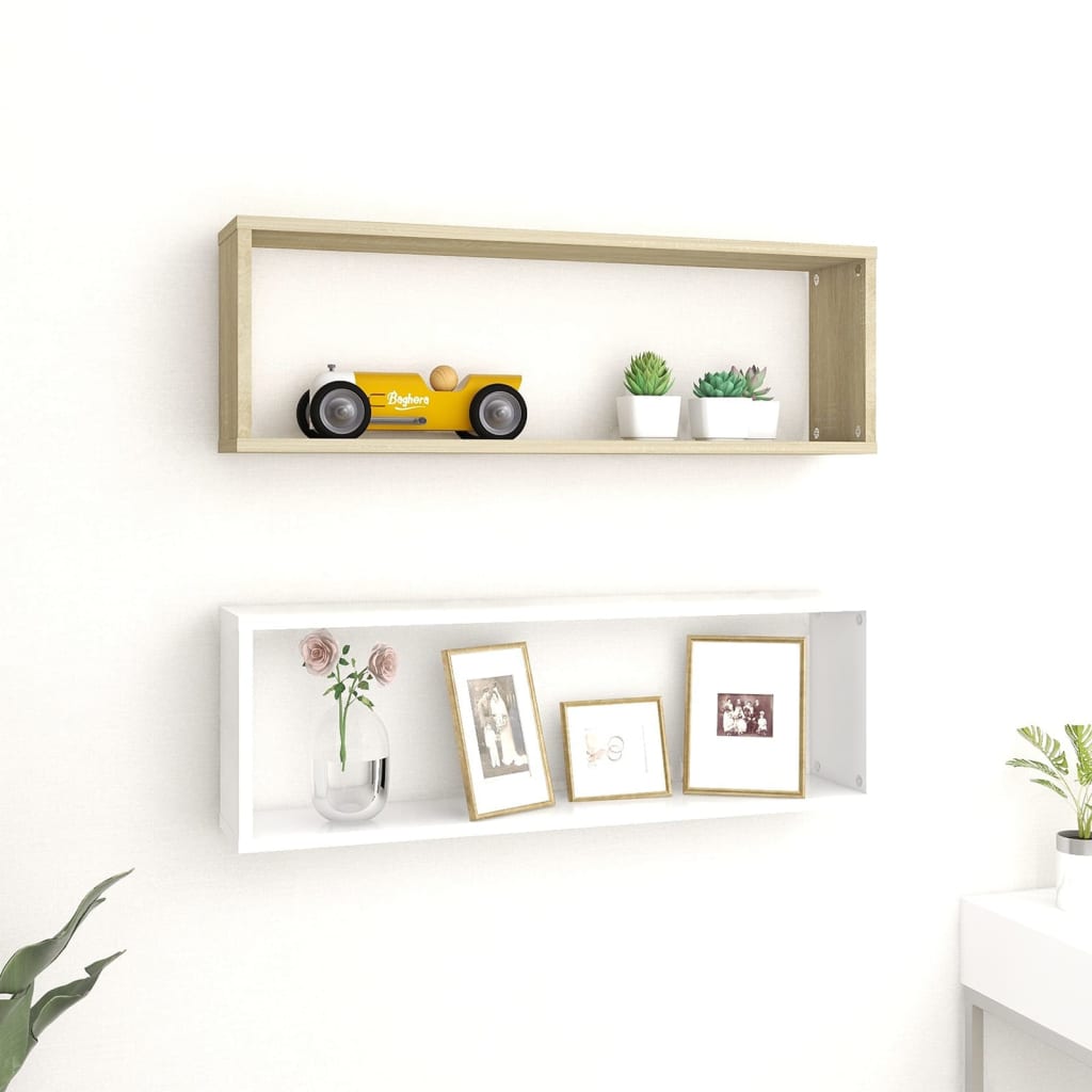 vidaXL Wall Cube Shelf 2 pcs White&Sonoma Oak 80x15x26.5cm Engineered Wood