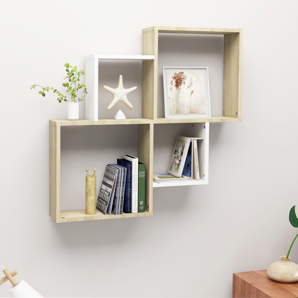 vidaXL Wall Cube Shelf White and Sonoma Oak 80x15x78.5 cm Engineered Wood
