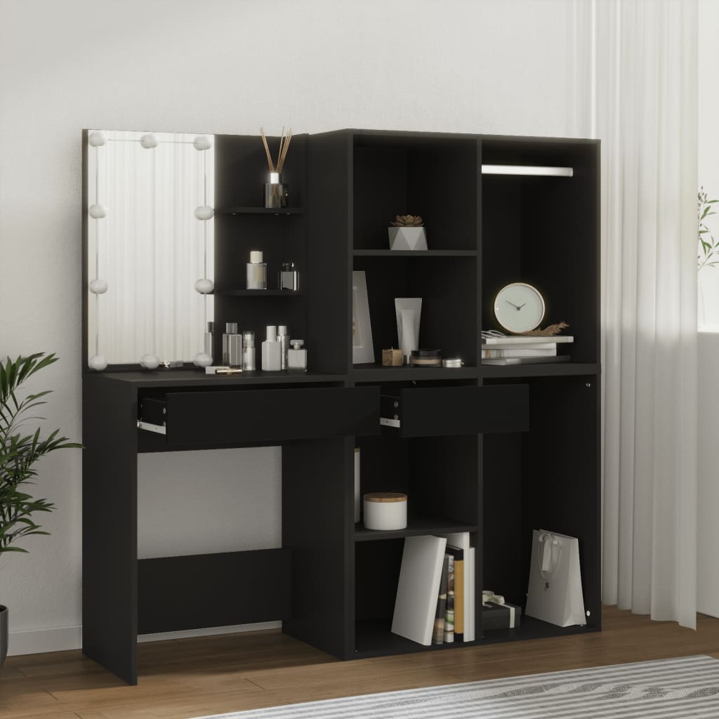 vidaXL LED Dressing Table with Cabinets Black Engineered Wood