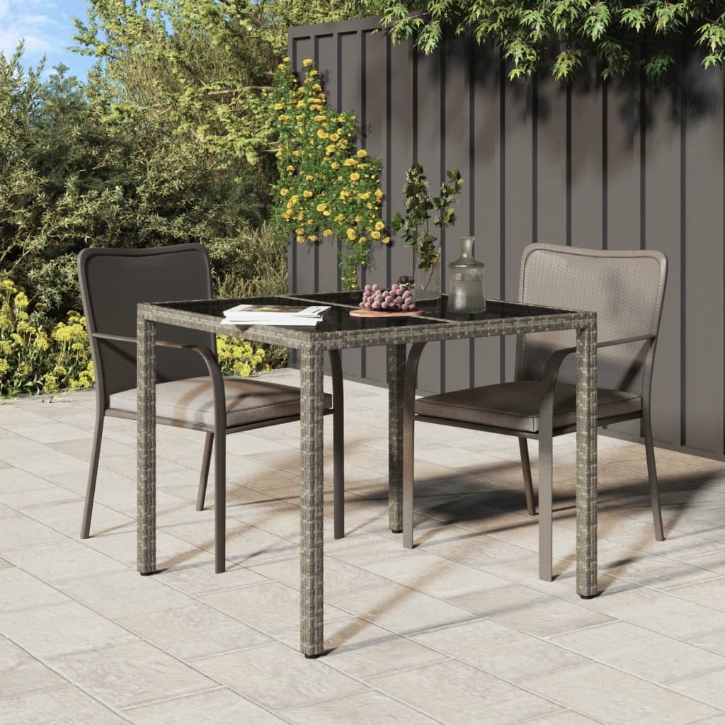 vidaXL Garden Table 90x90x75 cm Tempered Glass and Poly Rattan Grey