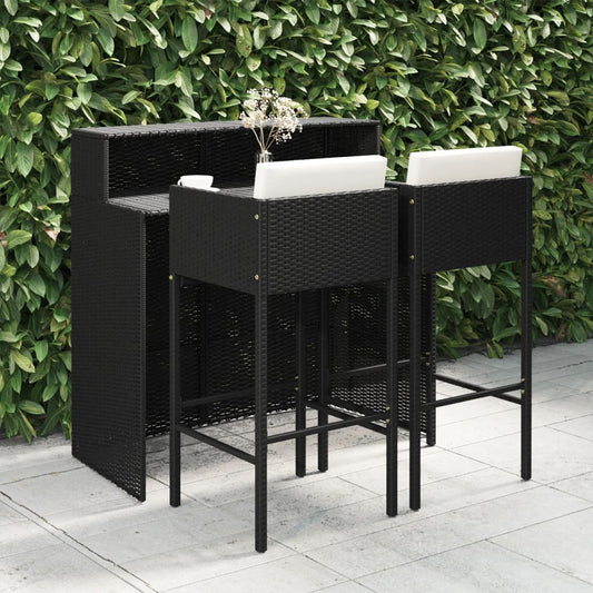 vidaXL 3 Piece Garden Bar Set with Cushions Poly Rattan Black