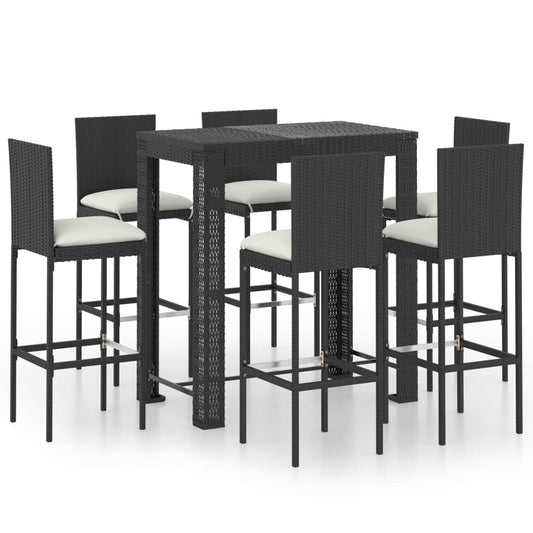vidaXL 7 Piece Garden Bar Set with Cushions Poly Rattan Black
