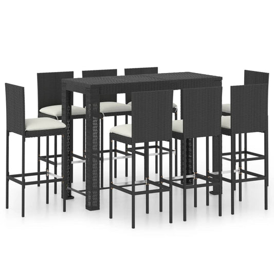 vidaXL 9 Piece Garden Bar Set with Cushions Poly Rattan Black