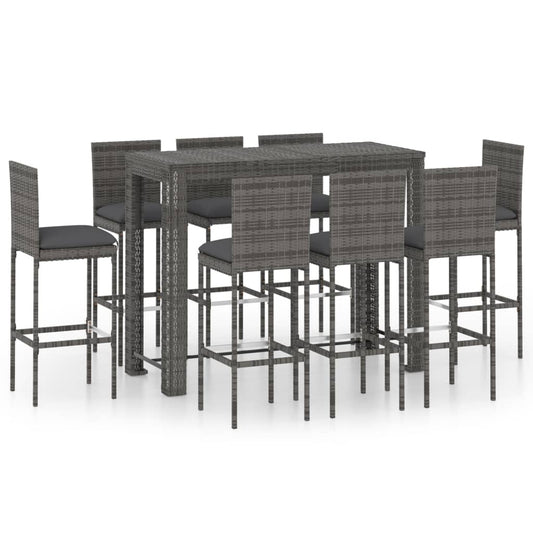 vidaXL 9 Piece Garden Bar Set with Cushions Poly Rattan Grey