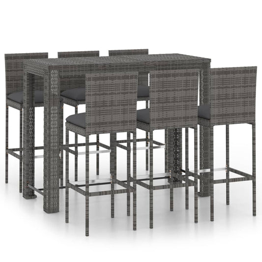 vidaXL 7 Piece Garden Bar Set with Cushions Poly Rattan Grey