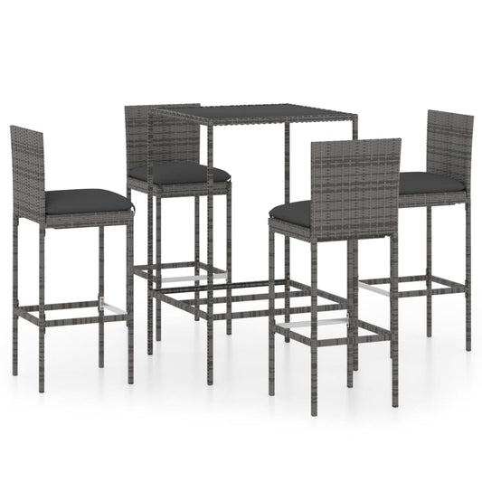 vidaXL 5 Piece Garden Bar Set with Cushions Poly Rattan Grey