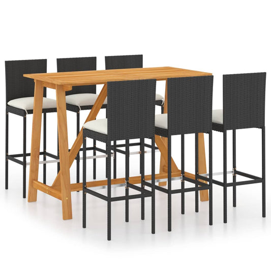 vidaXL 7 Piece Garden Bar Set with Cushions Poly Rattan Black