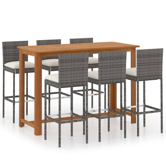 vidaXL 7 Piece Garden Bar Set with Cushions Poly Rattan Grey