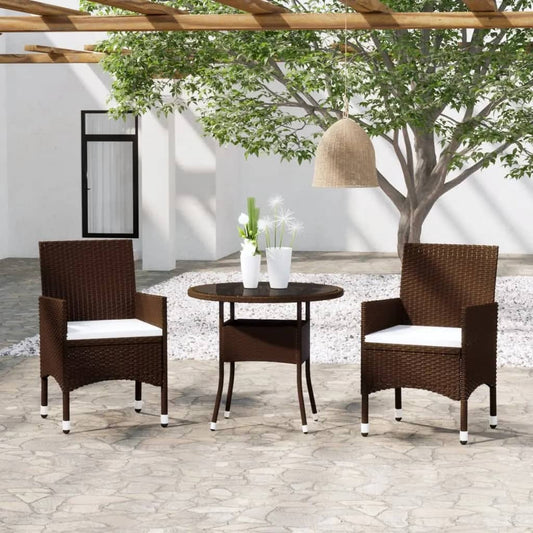 vidaXL 3 Piece Garden Bistro Set Poly Rattan and Tempered Glass Brown