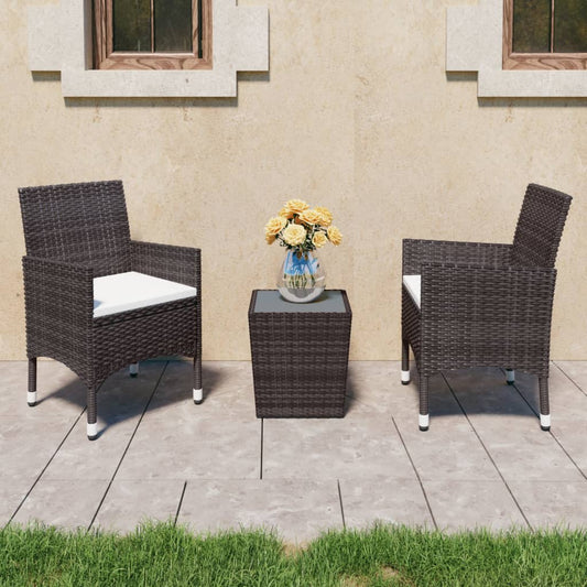 vidaXL 3 Piece Garden Bistro Set Poly Rattan and Tempered Glass Brown