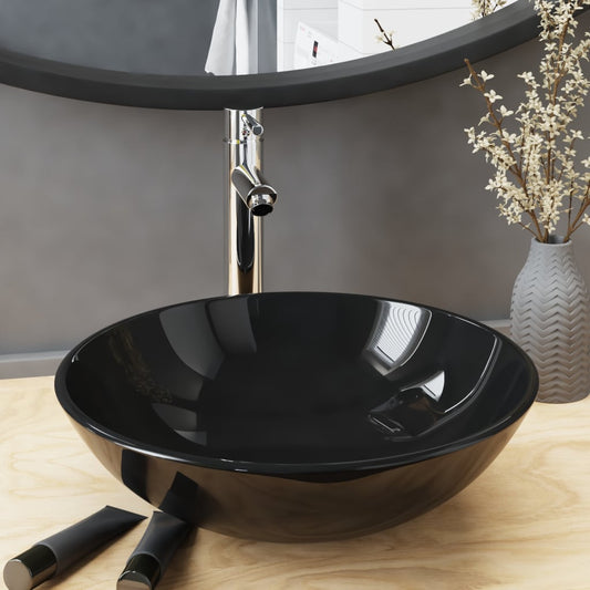 vidaXL Bathroom Sink with Tap and Push Drain Black Tempered Glass
