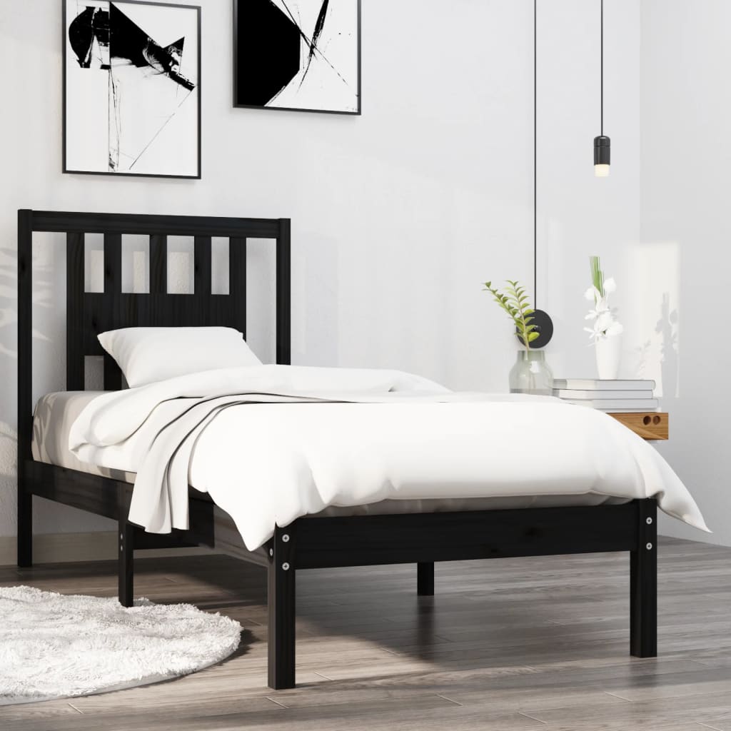 vidaXL Bed Frame Black Solid Wood 75x190 cm Small Single