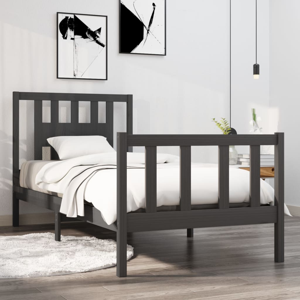 vidaXL Bed Frame Grey Solid Wood 75x190 cm Small Single