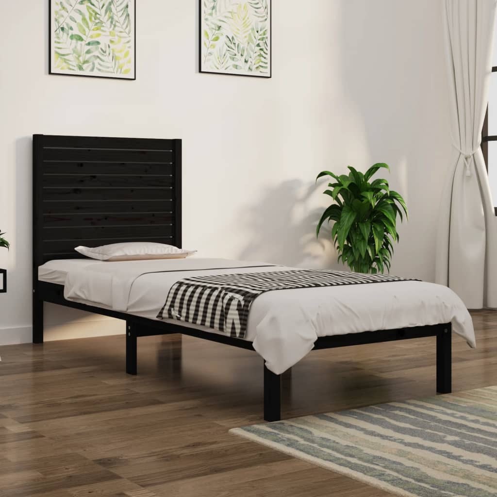 vidaXL Bed Frame Black Solid Wood 75x190 cm Small Single